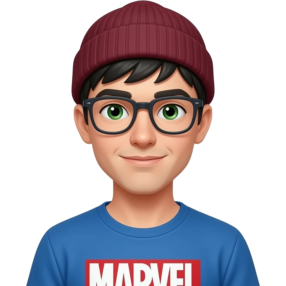 tall, early 20's, male, loose maroon beanie, black hair, green eyes, glasses, attractive, blue marvel t-shirt emoji