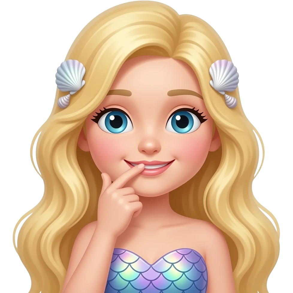 subtly giggly with hand in mouth mermaid face with shells in long hair blonde emoji