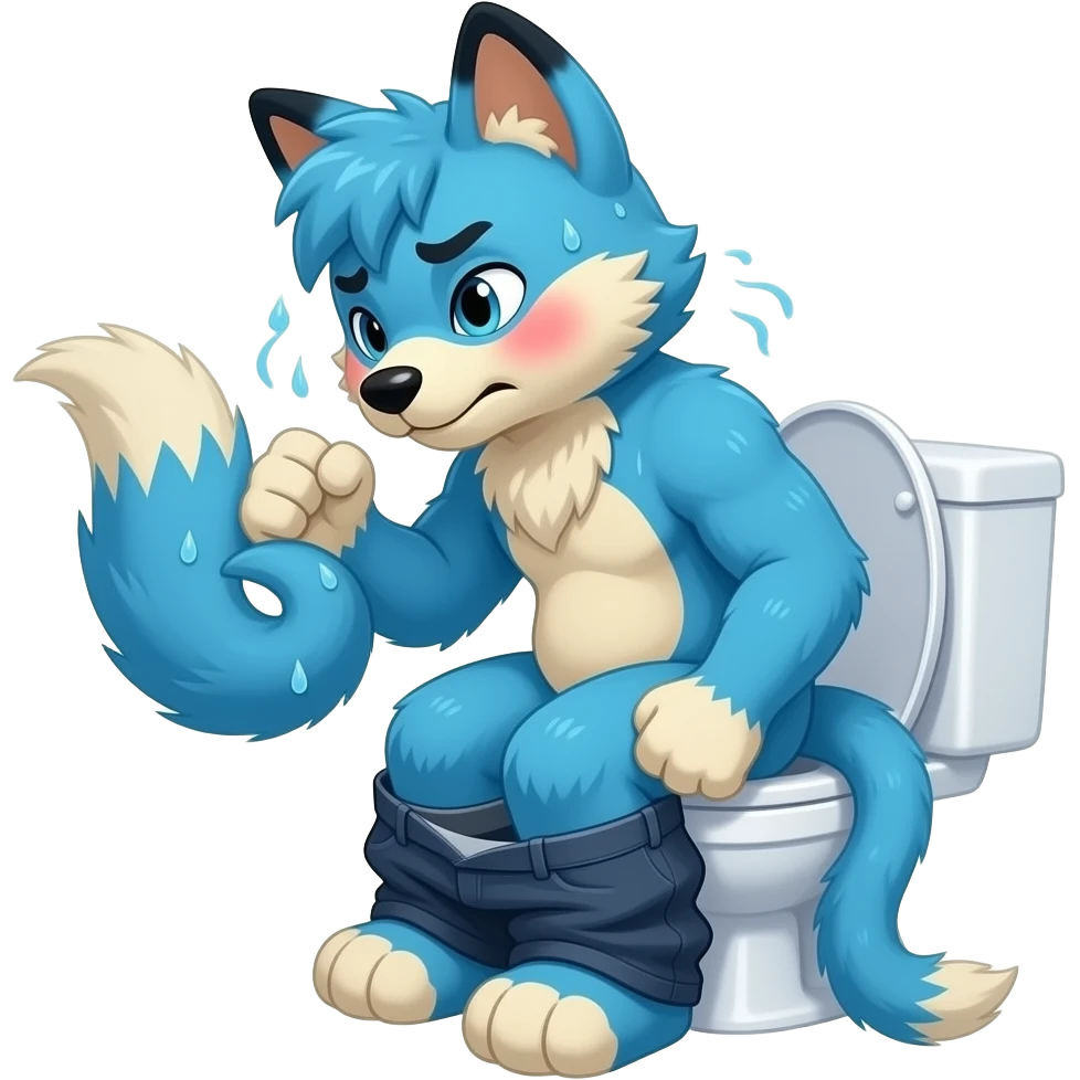 blue fursuit sitting on toilet, pants down, side view , fists, uncomfortable, squeezing, straining, sweating, red cheeks emoji