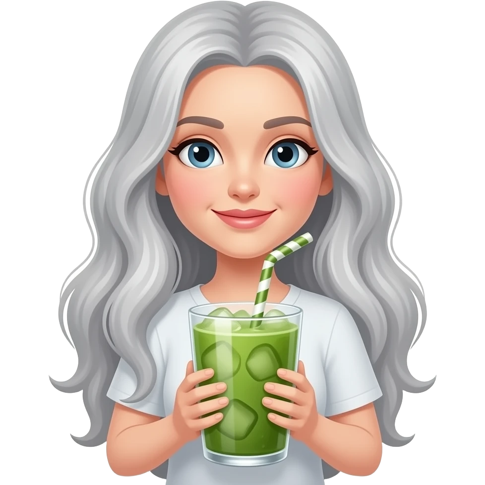 long gray haired beautiful woman with a large iced matcha emoji