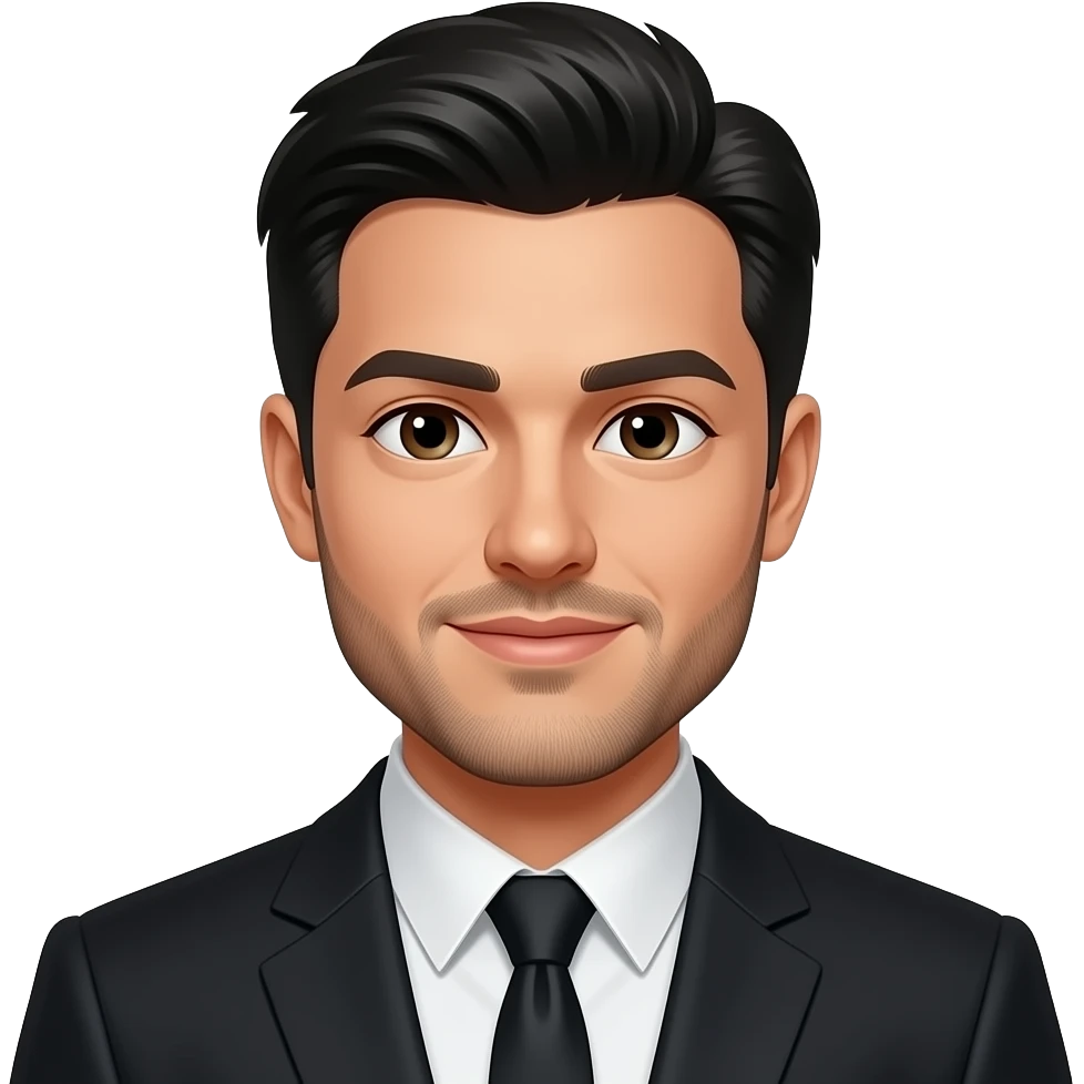 Make emoji with black hair and with a light beard and  light skin with a black suit emoji