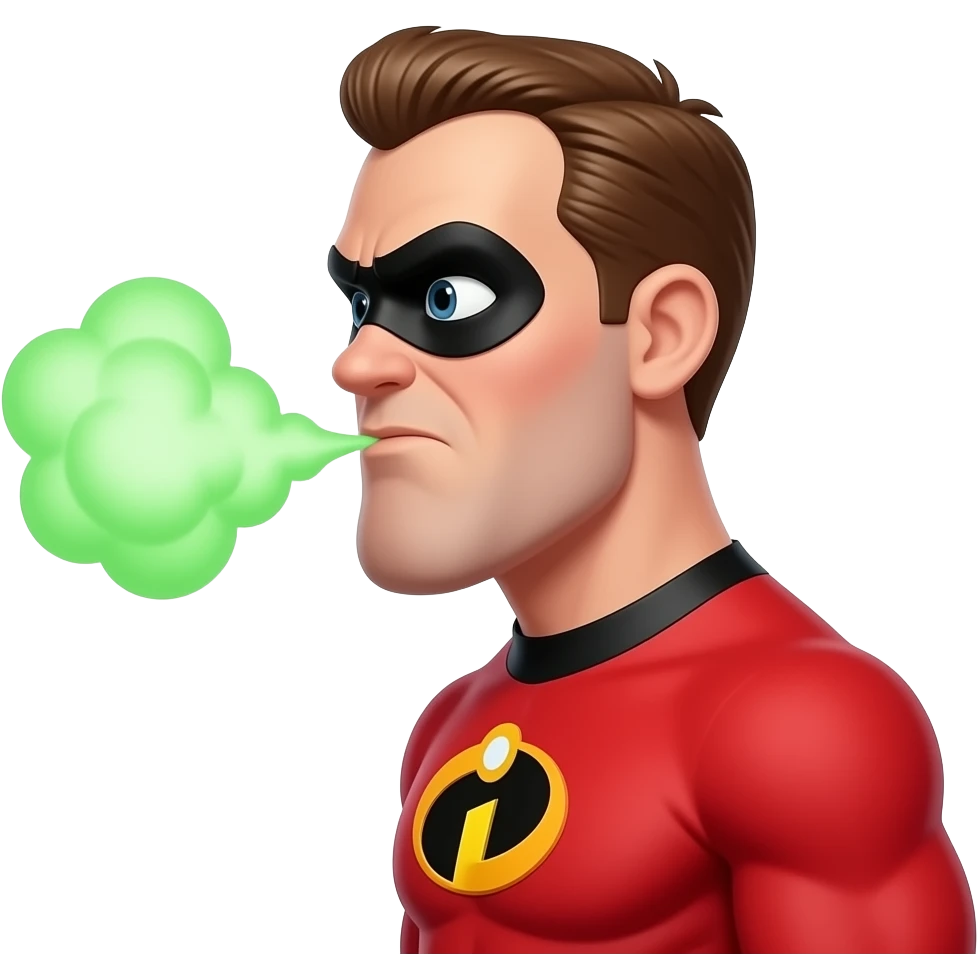 Make him gassy and fart green gas. Make it a side view and make him look a lot more like the character mr incredible emoji
