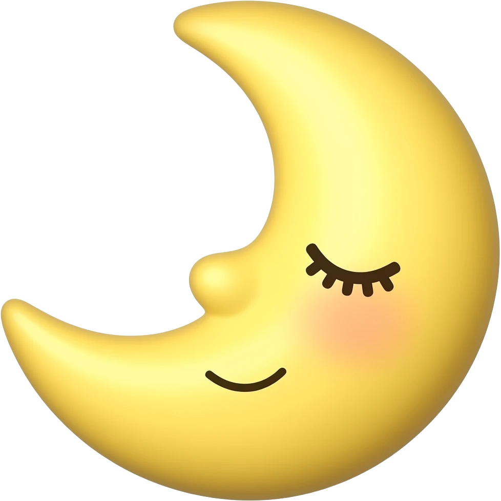A cute Pixar-style 3D animated half moon (crescent moon) sleeping with a small smile. professional studio quality, cinematic lighting, 8k resolution. emoji