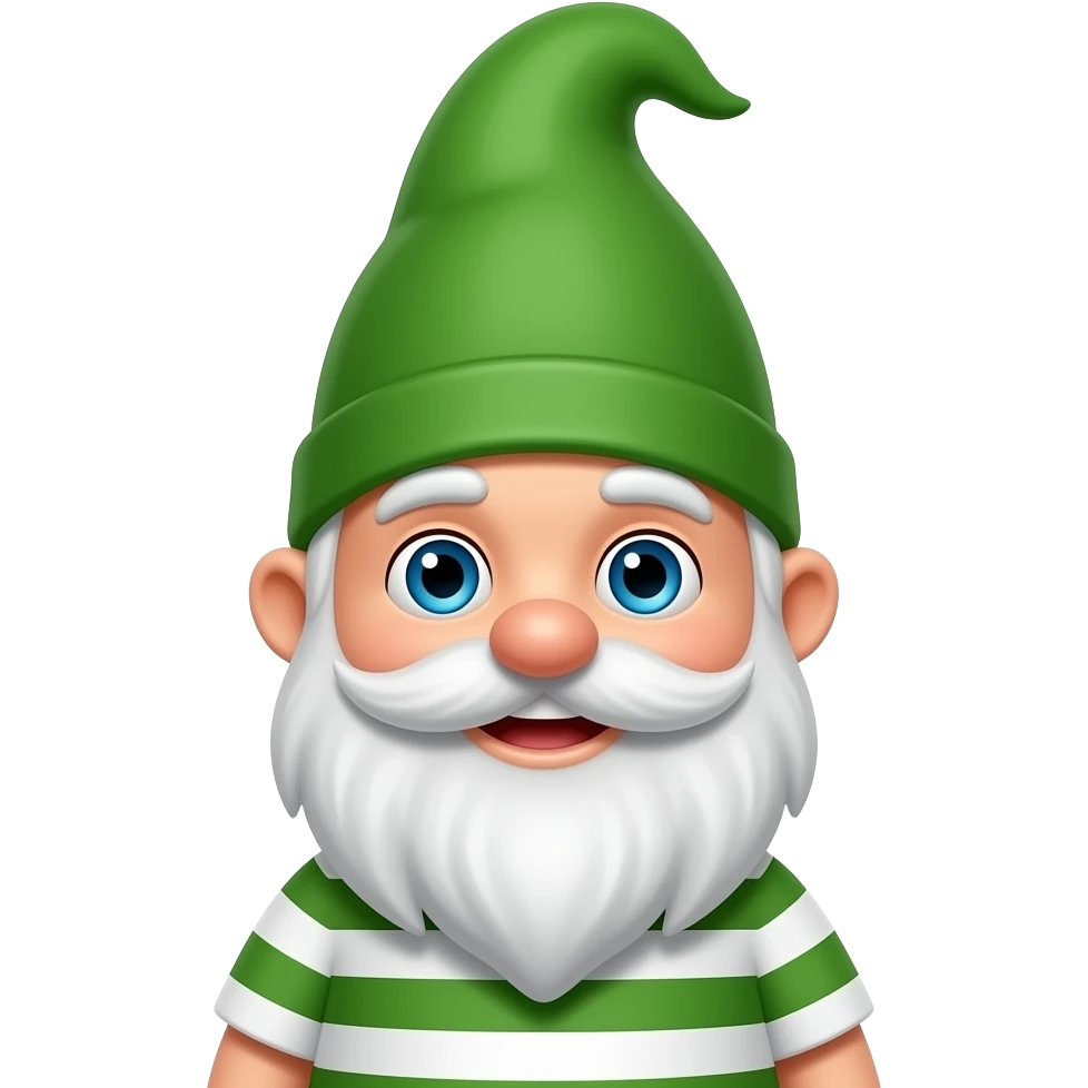 A cute smiling Gnome has a white beard , blue eye, striped white and green shirt and a green pointed hair emoji