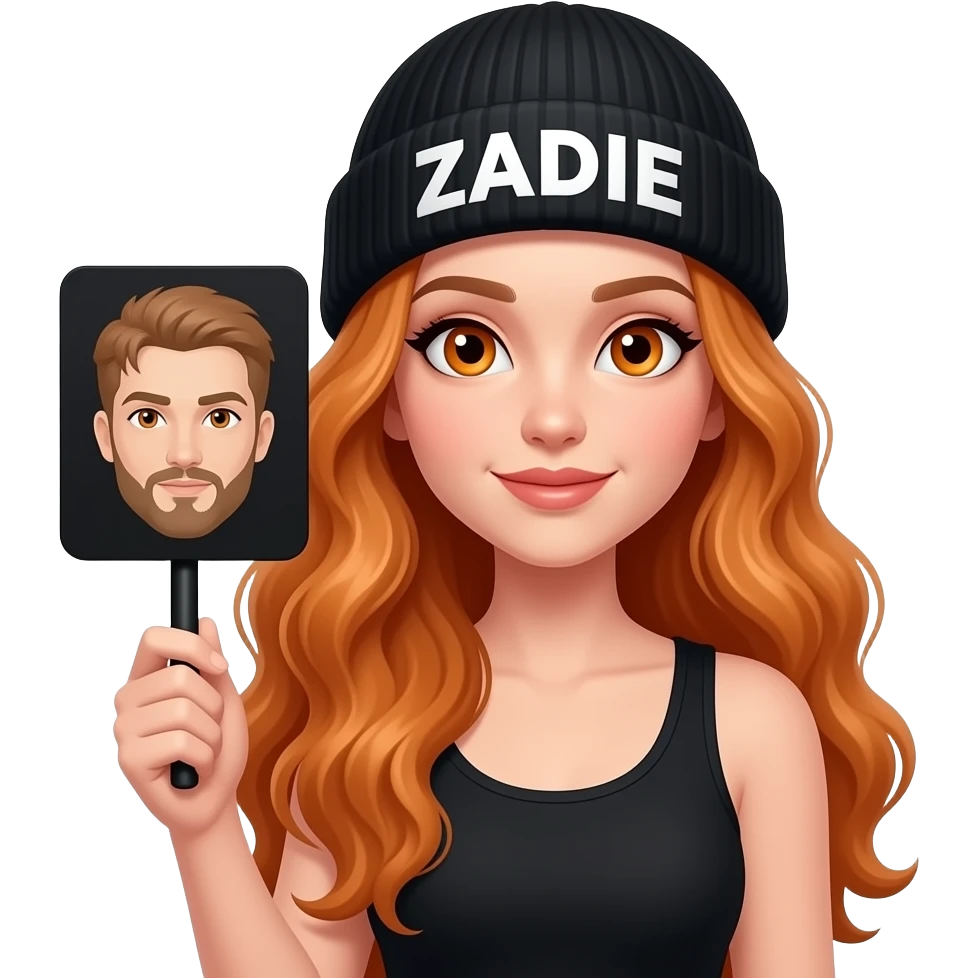 sexy girl with overlong wavy ginger hair and ginger eyes wearing a black tanktop and a black beanie with ZADIE written on it, is holding a black sign with 🆒 on it emoji