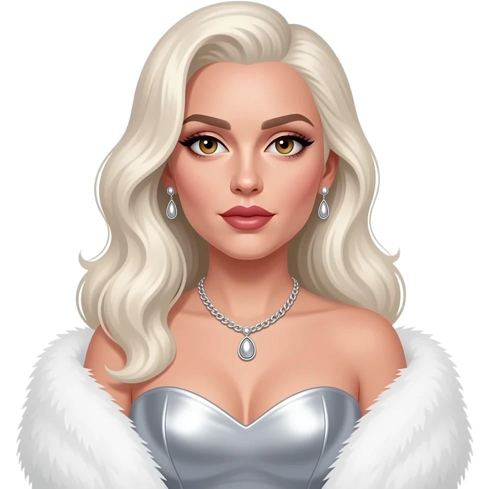 Lady Gaga with hazel eyes, long white blonde pin-up hair, silver sweetheart dress, white fur shawl, necklace and earrings emoji