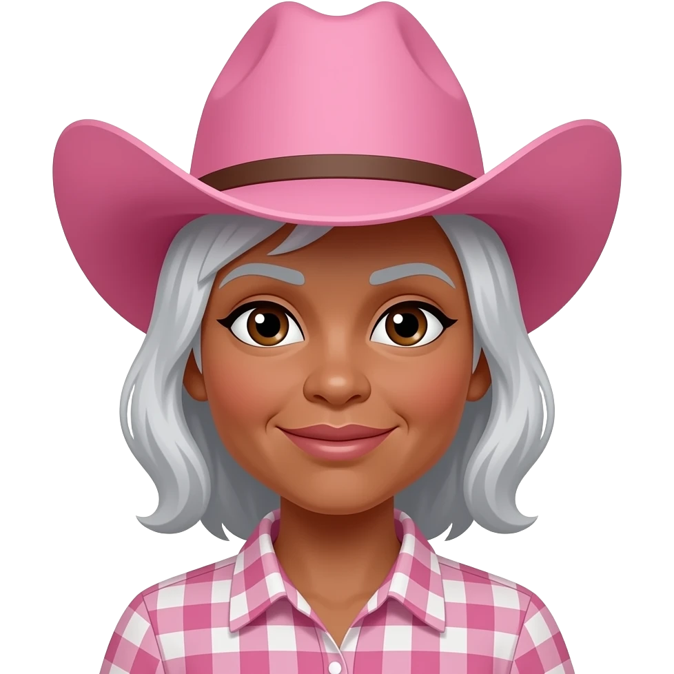 60 year old cow girl, with pink cowboy hat, dark tanned, brown eyes, silver coloured hair and brown eye brows emoji