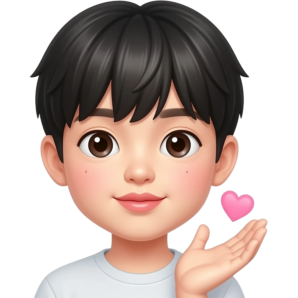 Sending kiss Cute Korean boy emoji, soft black straight bangs, pale skin, kissing lips, gentle round eyes, subtle mole under right eye, sending a pink heart near lips, glossy 3D Pixar-style render, realistic Korean idol vibe, face and hand only emoji