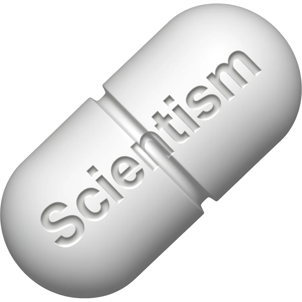 A single white solid oblong pill with "Scientism" engraved in it at a 45 degree angle emoji