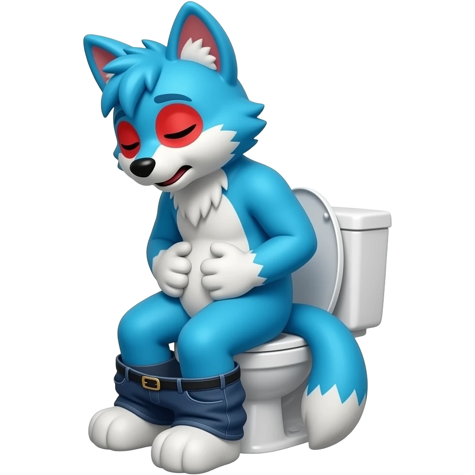 blue fursuit sitting on toilet, side view, pants down,  straining, red face, eyes close, hands on stomach emoji