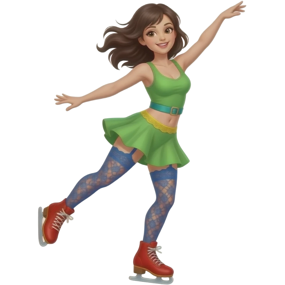 Girl(With Red Shoes With Orange Trim) Jumps And Lifts Green Short Dress Without Sleeves Up To See Blue Lace Stocking With Teal Garter Belt With Lace Yellow Panties And Belly Button In Skating Windy Dancing. emoji