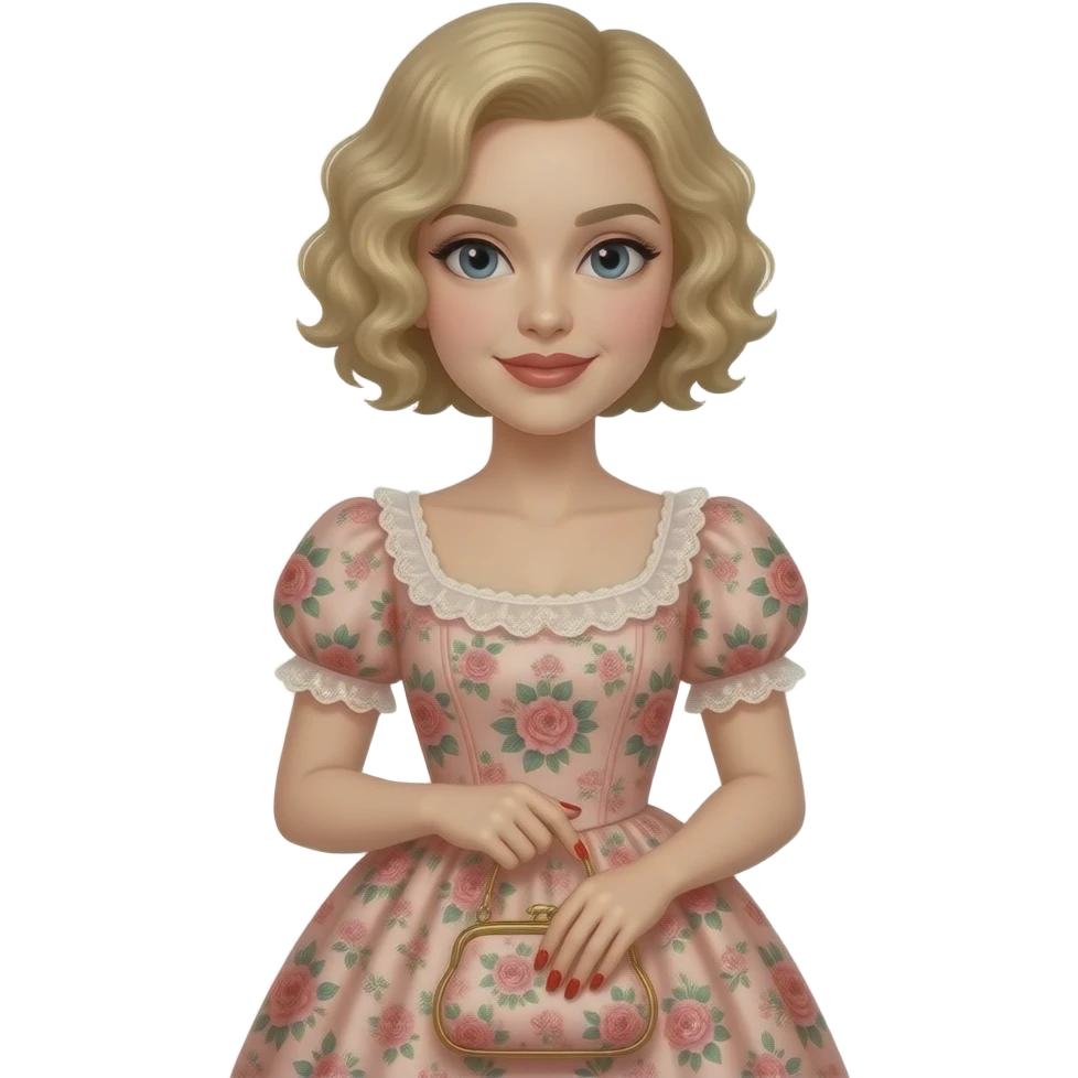 extremely Short blonde curly hair side swept brown lipstick in a peach floral Victorian dress, red nails. holding a Victorian peach purse and black eyebrows emoji