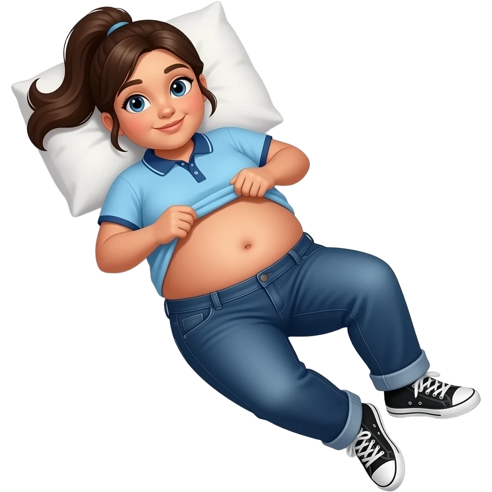 Obese Hispanic girl with brown ponytail and blue eyes light blue dark blue lined polo and dark blue baggy jeans and belly button and black and white sneakers laying down on the pillow in bed lifting shirt emoji