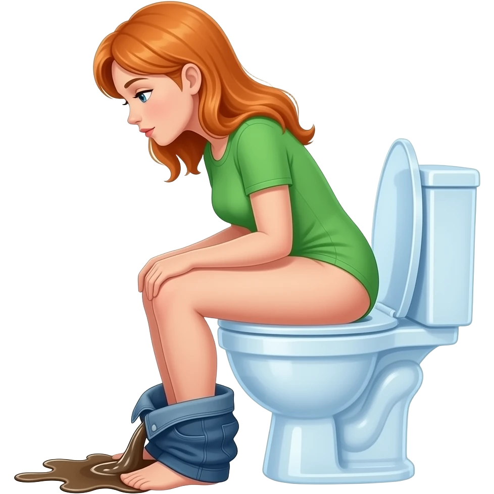 Naked orange hair Woman green shirt, sit on toilet, pants down,diarrhea in toilet see through,side veiw emoji