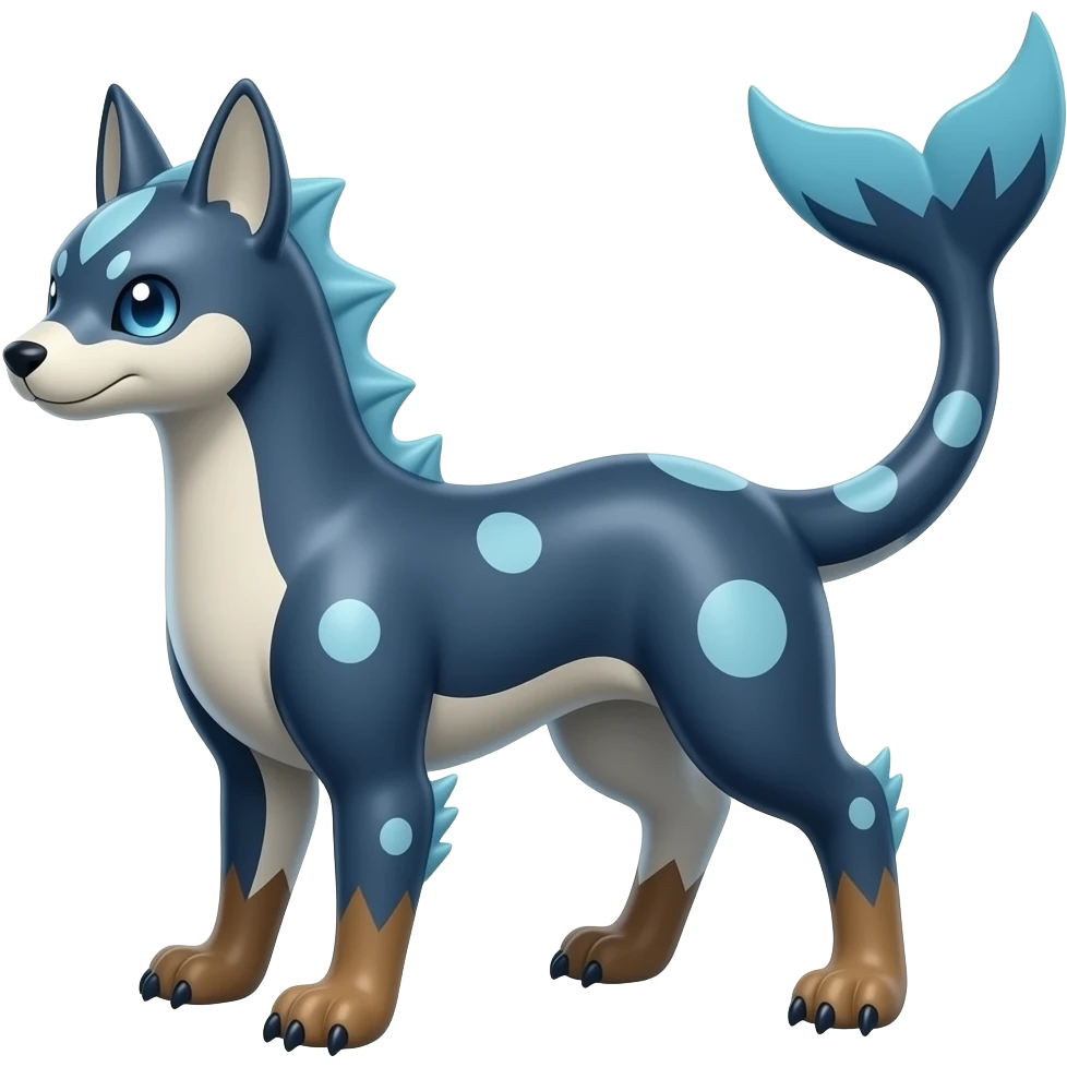 Tough Quadrupedal digitigrade shiny glossy smooth finned frilled gothic tall slim unique epic legendary shiny edgy cool cyberpunk-solarpunk-fantasy-Absol-Sprigatito-Vaporeon-Furret-Manectric-Mudkip-Fakémon-hybrid with an orca tail emoji