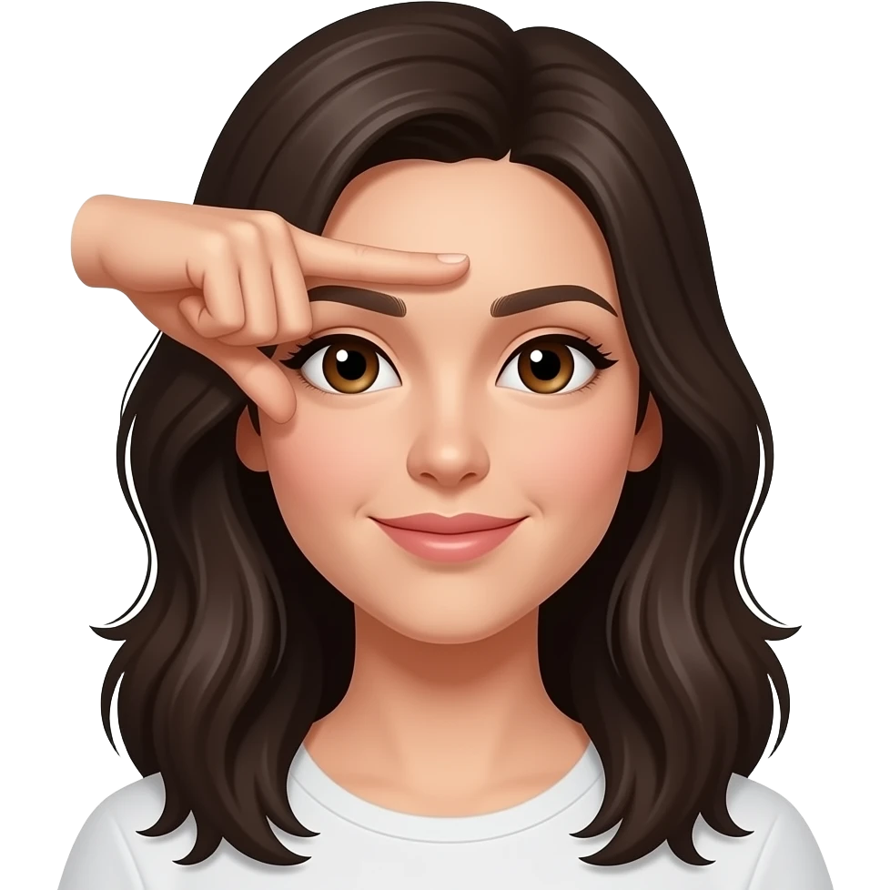 woman making L shape on center forehead with two fingers with long dark hair and brown eyes emoji