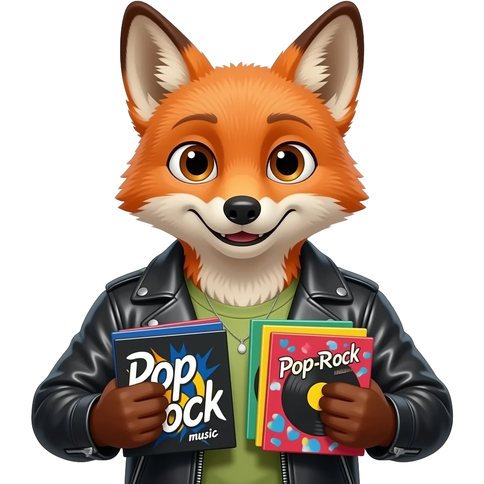 rocker fox with pop-rock music albums in his hands emoji