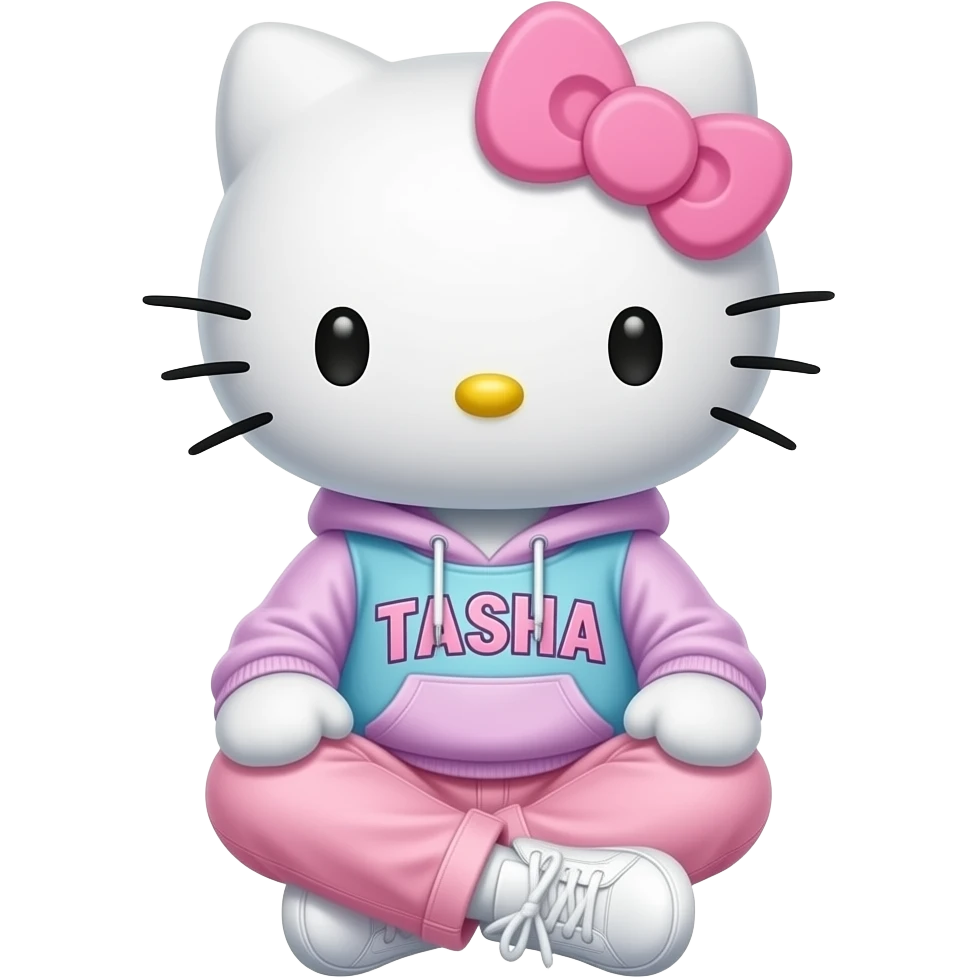 Velvet Hello Kitty sitting wearing a velvet pastel pink and blue and purple hoodie and light pastel pink jeans with the large cursive letters TASHA on the hoodie with white sneakers emoji