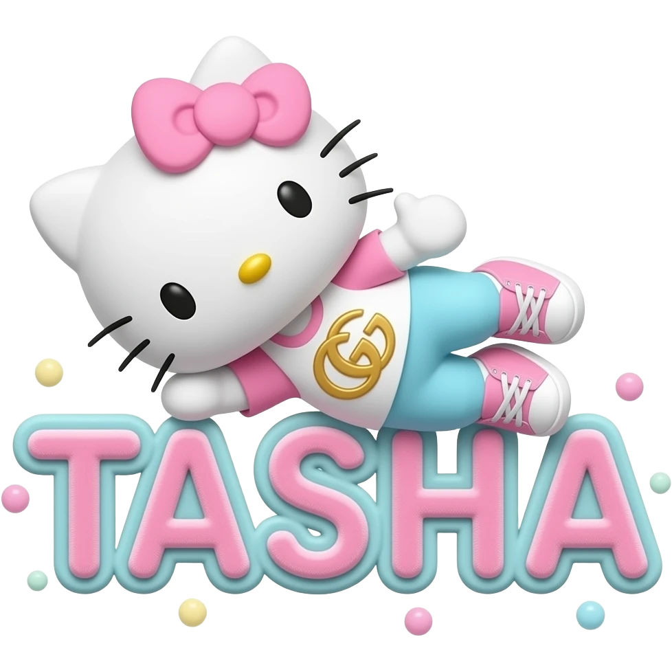 4D Velvety fur hello kitty wearing ombre white and blue and pink ombre pastel colored leggings and sneakers, and with the Gucci symbol on her ombre pastel bow sitting sideways leaning back on top of the velvety 3D outlined letters TASHA surrounded with tiny ombre pastel dots made of candy emoji