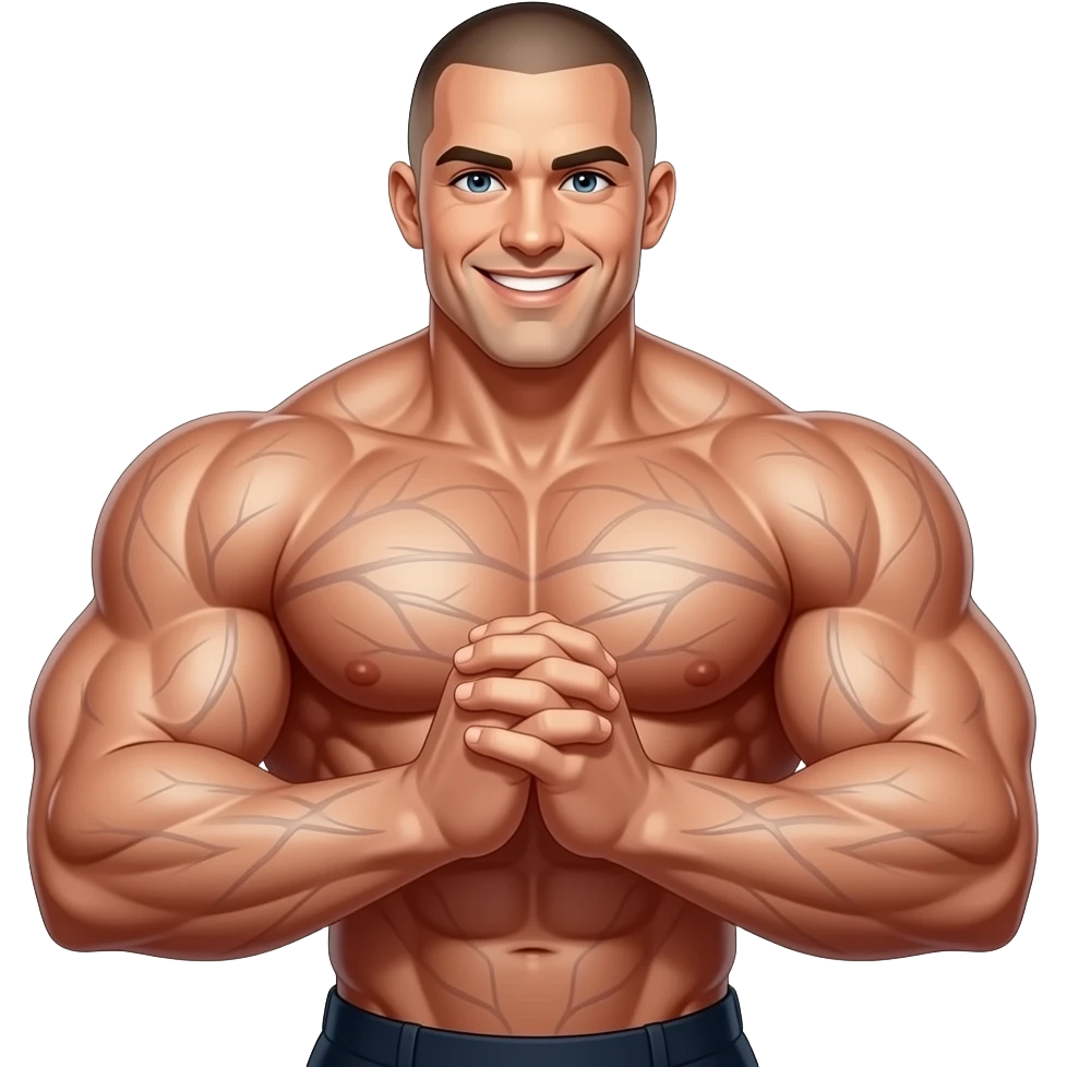 A sepia-toned, medium shot shows a muscular bodybuilder with a shaved head and a wide smile. He is flexing his arms, with his hands clasped in front of his chest. His massive biceps and chest muscles are prominently displayed, with veins visible on his arms emoji