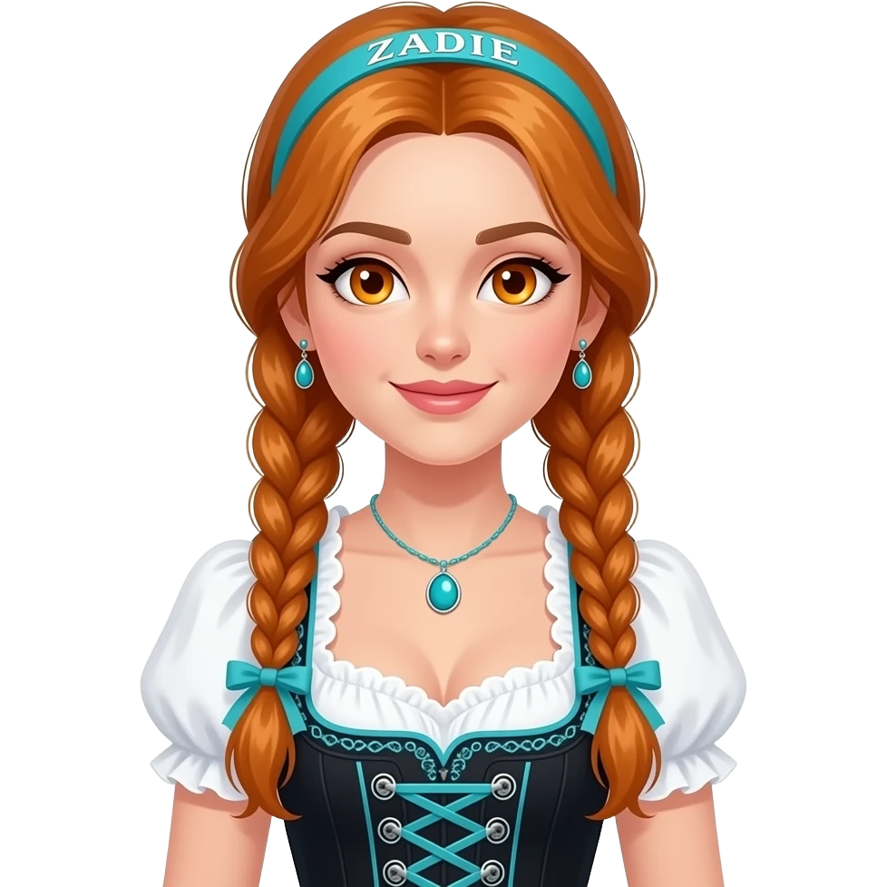 sexy girl with overlong ginger braids and ginger eyes wearing a black turquoise dirndl and a turquoise headband with ZADIE written on it emoji