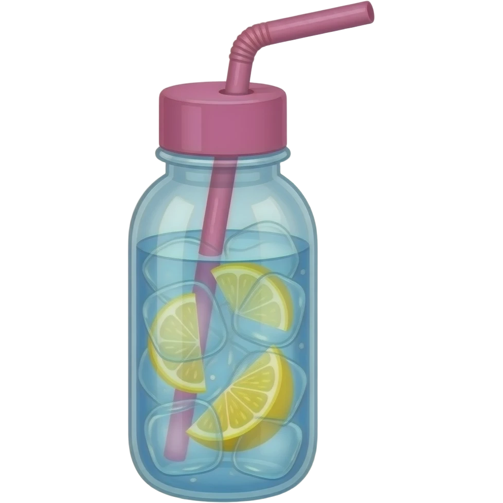 Pink water bottle with ice cold blue water with lemon slices and a pink straw. Realistic emoji