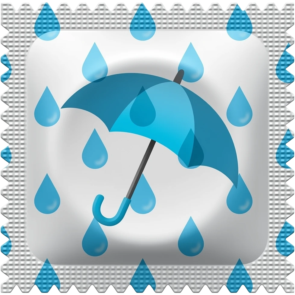 Rain drops over an umbrella emoji but on a condom wrap emoji