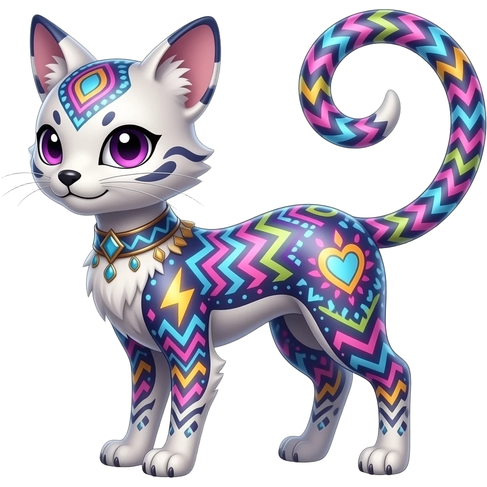 Colorful spunky elegant thin Realistic tall slim unique fantasy original shiny smooth soft flurry edgy cool Civet-Absol-Sprigatito-Vaporeon-Fakémon-hybrid with tribal chevron heart floral lightning bolt strikes damask paisley markings emoji