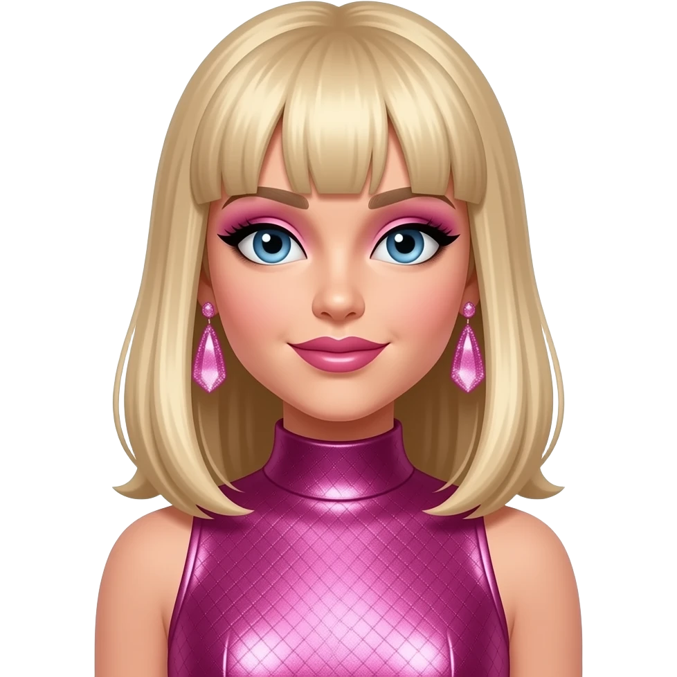 Alexa from Diva Starz with blue eyes, long blonde bang hair, pink eyeshadow and lipstick, pink metallic high neck dress, pink earrings emoji