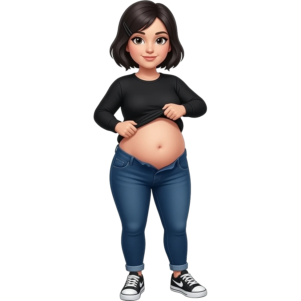 White woman with black short hair, white hair clip on the left of her hair, plain black long sleeve shirt, dark blue jeans, white and black sneakers, and a chubby body lifting her shirt to move her belly emoji