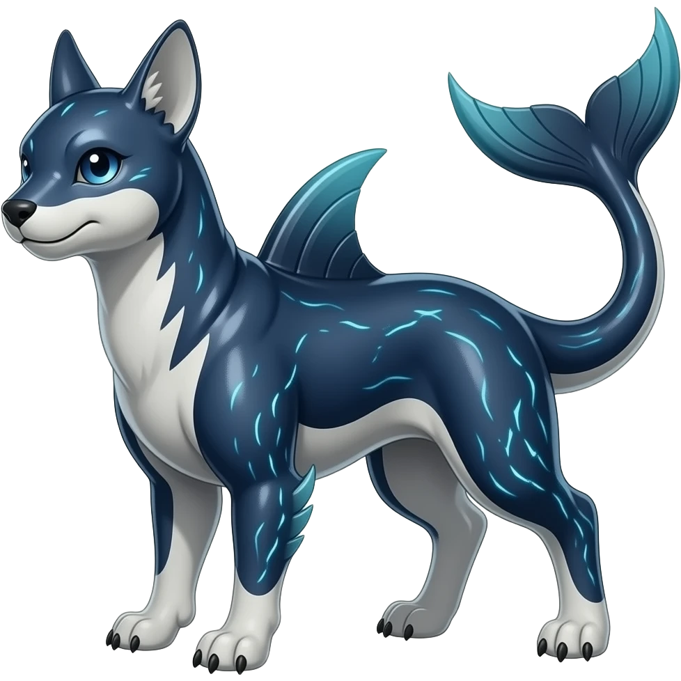 Tough realistic Quadrupedal digitigrade shiny glossy smooth finned frilled gothic tall slim unique epic legendary shiny edgy cool cyberpunk-solarpunk-fantasy-Sharpedo-Sceptile-Sprigatito-Flyogn-Vaporeon-Electrike-Fakémon-hybrid with an orca tail emoji