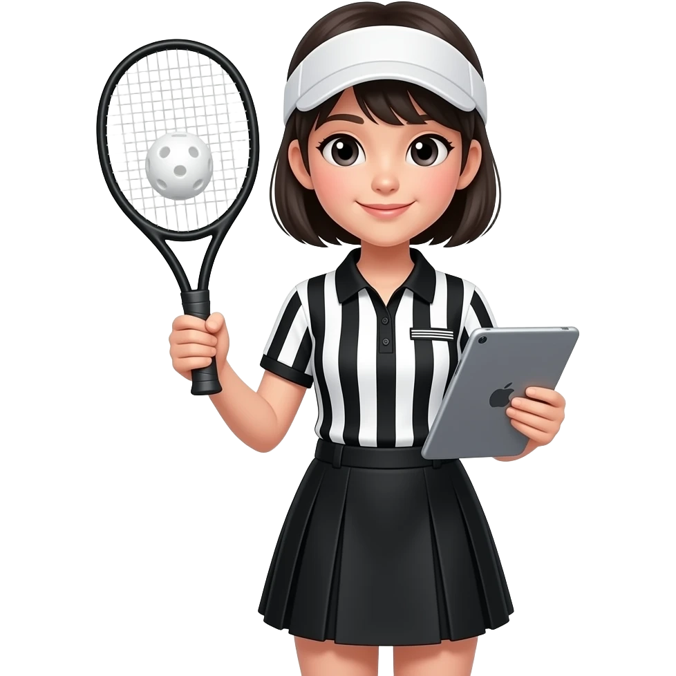 short haired asian girl - pickleball referee - wearing sun visor, black white vertical stripes polo shirt, black skirt, holding ipad emoji