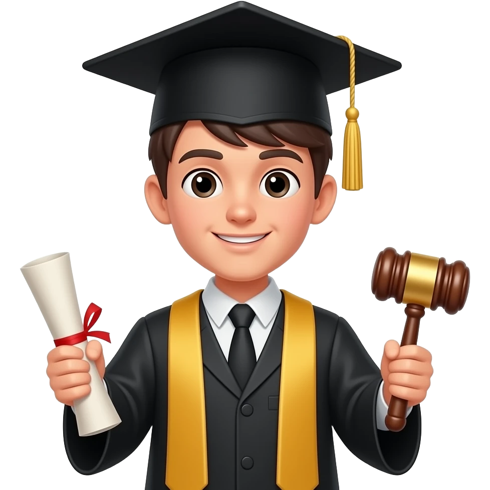 create me an emoji-style png of a light-brown Male student with short black hair wearing a classic black graduation cap major, in a style of "criminal justice" major. In one hand hes holding a rolled up graduation paper, and in the other hand holding a item that represents the criminal justice major emoji