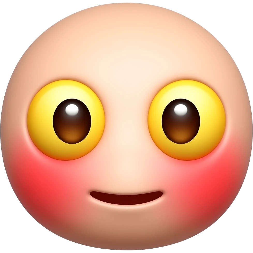 빨간 얼굴의 홍조를 하고 있는 노란 눈알   갈색 동공의 귀여운 만화 입체적 이모티콘 emoji