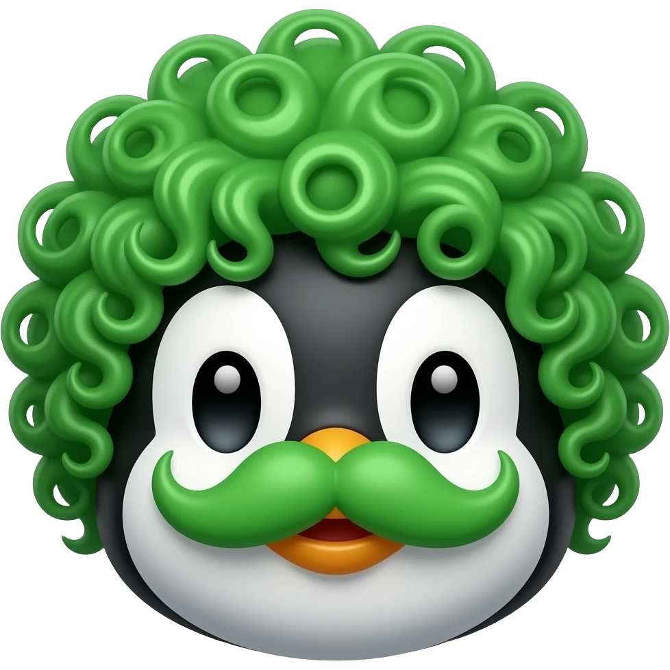 penguin with green mustache and green curly hair, just face emoji