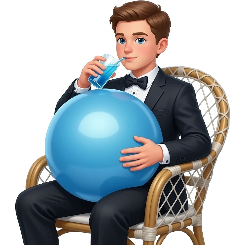 chłopak 13 latek z super super super super super super super super super super super super super super super super super super super super super super super ekstremalnie max ogromny brzuch jak balon brzuch ma kształt jak duża kula elegancko ubrany sieci na krześle i pije 🔵 emoji