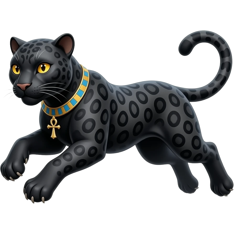 an egyptian black panther leaping with dark grey markings in its black fur and golden yellow eyes. an ankh necklace around its neck emoji