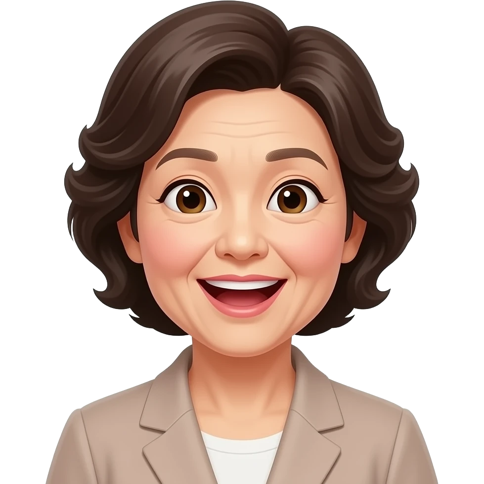 한국인, 중년의 여성, 반짝이는 눈, 파마머리, 행복해서 놀란 emoji