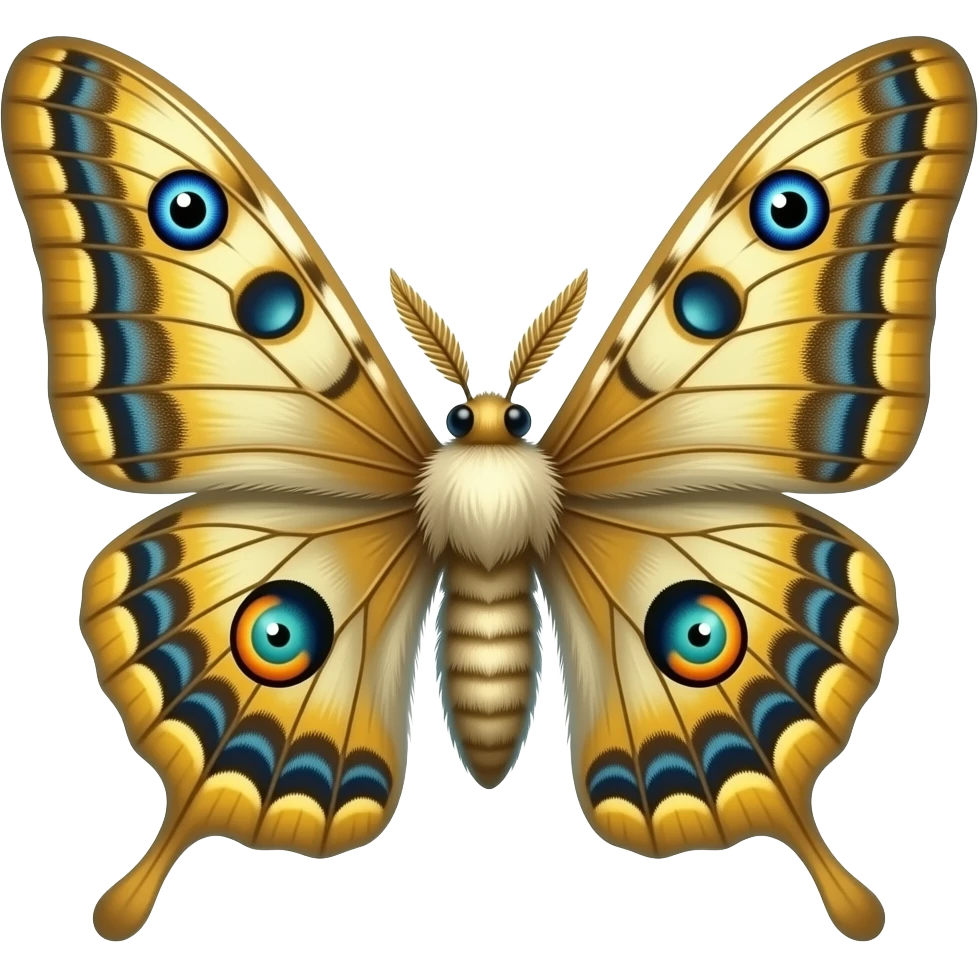 a colossal divine moth-like creature, Massive moth wings with colorful eye patterns, Fuzzy white or golden body, Long antennae, glowing bioluminescence, emoji