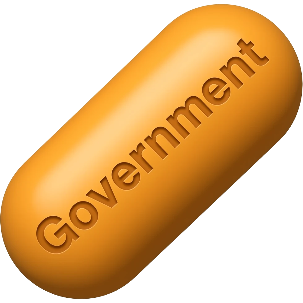 An orange solid oblong pill with "Government" engraved in it at a 45 degree angle emoji