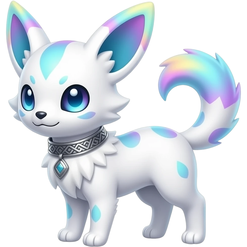 Rare cute edgy cool elegant beautiful neon iridescent white exotic cute epic aesthetic gothic colorful Salandit-Eevee-Civet-species-Fakemon-hybrid-creature, with a collar, and with intricate tribal markings, full body emoji