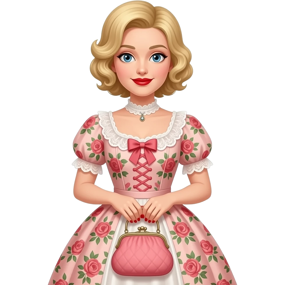 Short blonde curly hair side swept red lipstick in a peach floral Victorian dress, red nails. holding a Victorian peach purse emoji