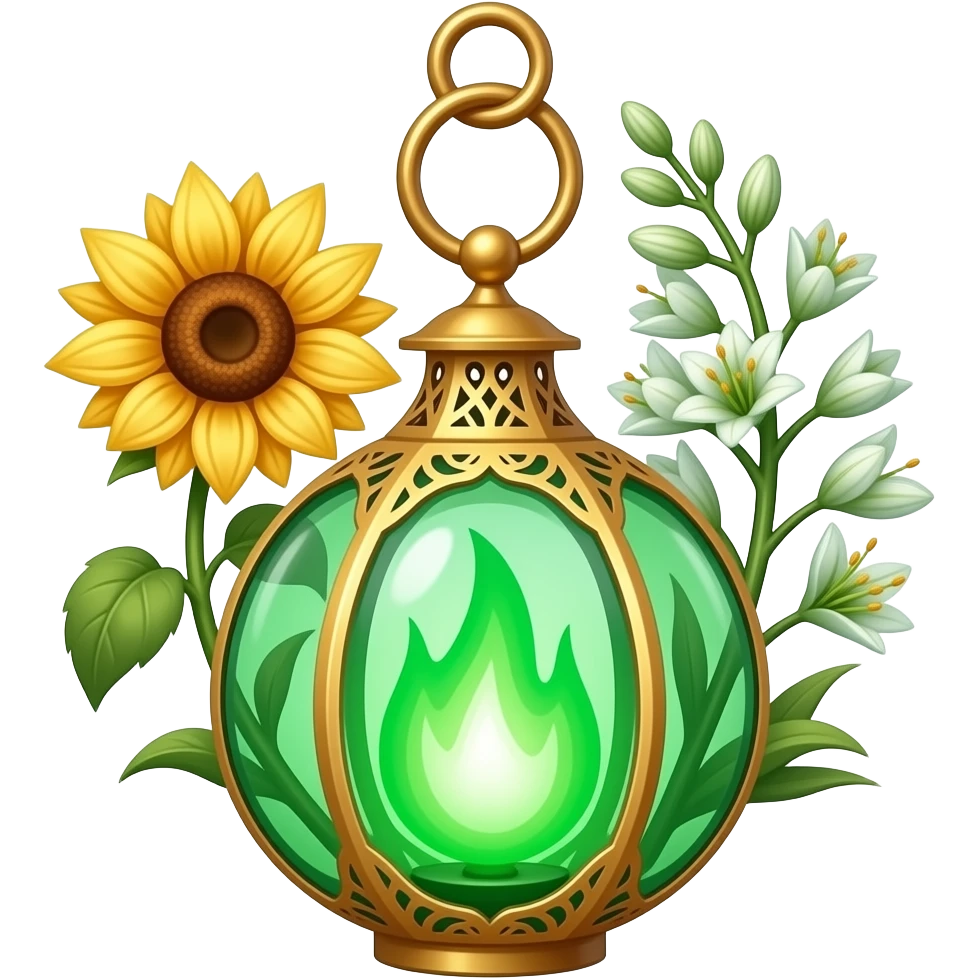 A golden hanging lantern with a bright emerald green flames, an empty loop on top, fae filigree themed sunflowers on the left and asphodels on the right as part of the design, but simple focus more on the green flames, paint the glass more green emoji