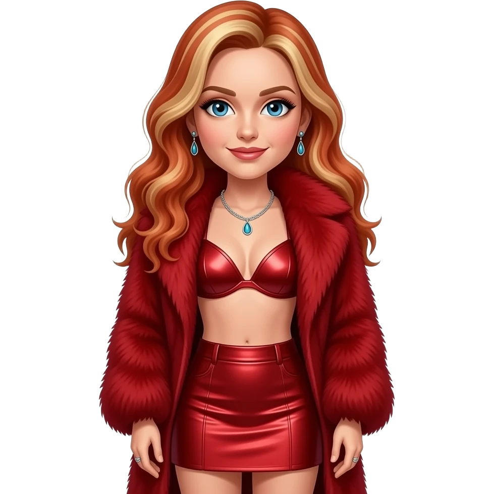 Geri Halliwell from Spice Girls with blue eyes, long red hair with blonde highlights, red fur shawl, crimson metallic bra, crimson metallic short skirt, necklace and earrings emoji