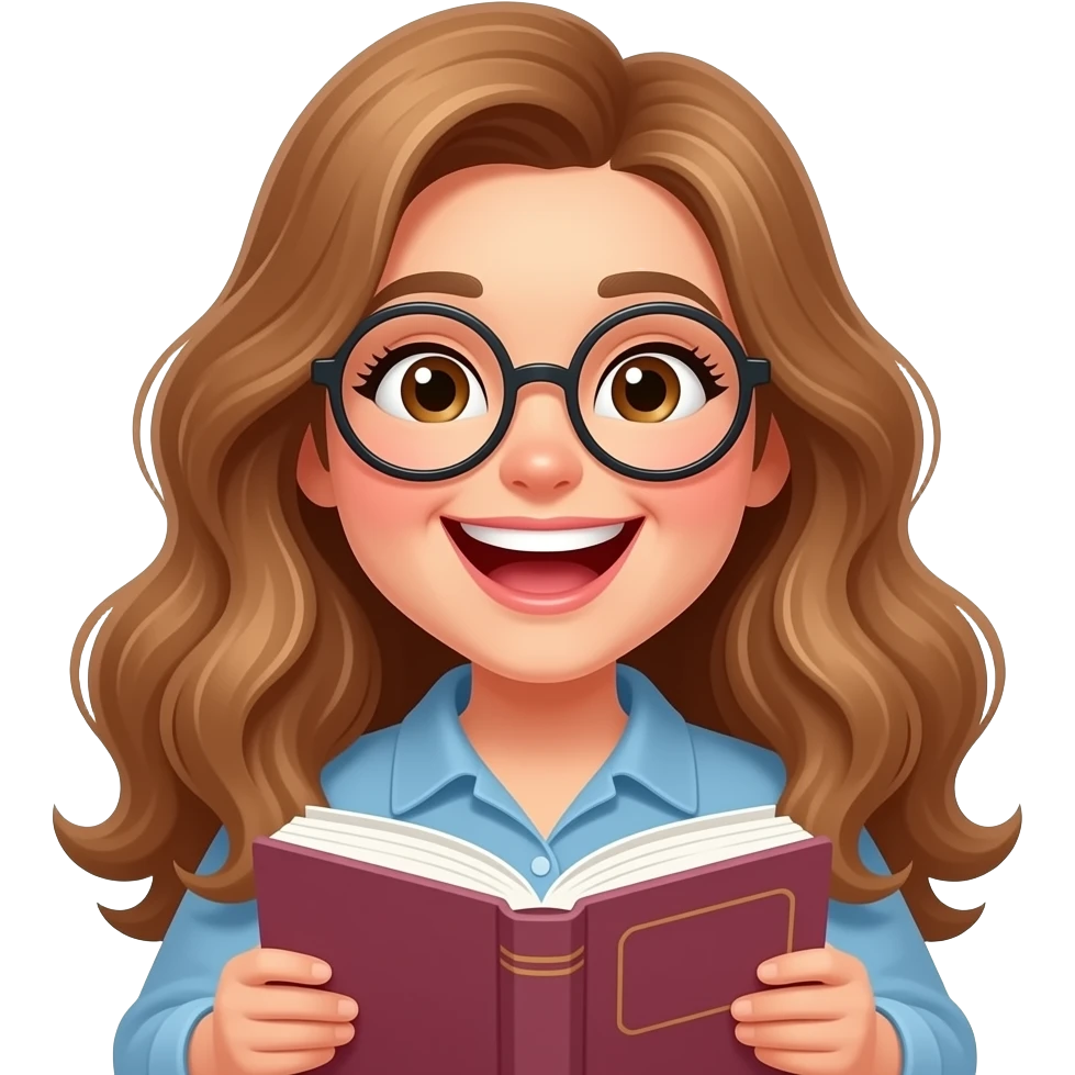 detailed emoji illustration of a curvy woman with long light brown wavy hair, light brown eyes and round glasses laughing uncontrollably, holding a book, playful april fools vibe, big smile and laughing expression, cute emoji style emoji
