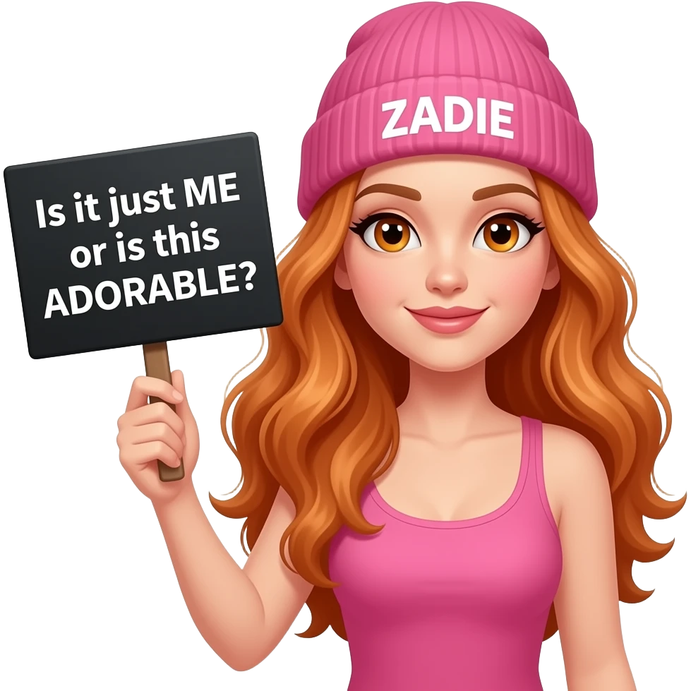 sexy girl with overlong wavy ginger hair and ginger eyes wearing a pink tanktop and a pink beanie with ZADIE written on it, is holding a black sign with Is it just ME or is this ADORABLE? written on it emoji