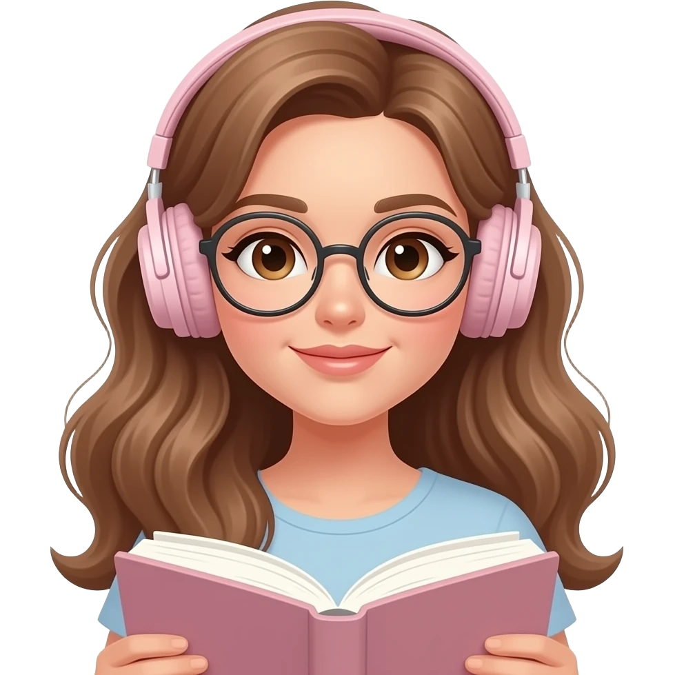 detailed emoji illustration of a curvy woman with long light brown wavy hair, light brown eyes and round glasses reading a book while wearing headphones pastel pink without any cable, calm focused vibe, cute emoji style emoji