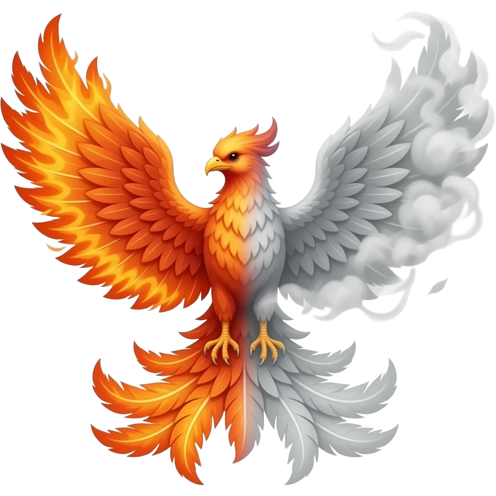 A phoenix with long tail feathers made of fire on one side and smoke on the other side emoji