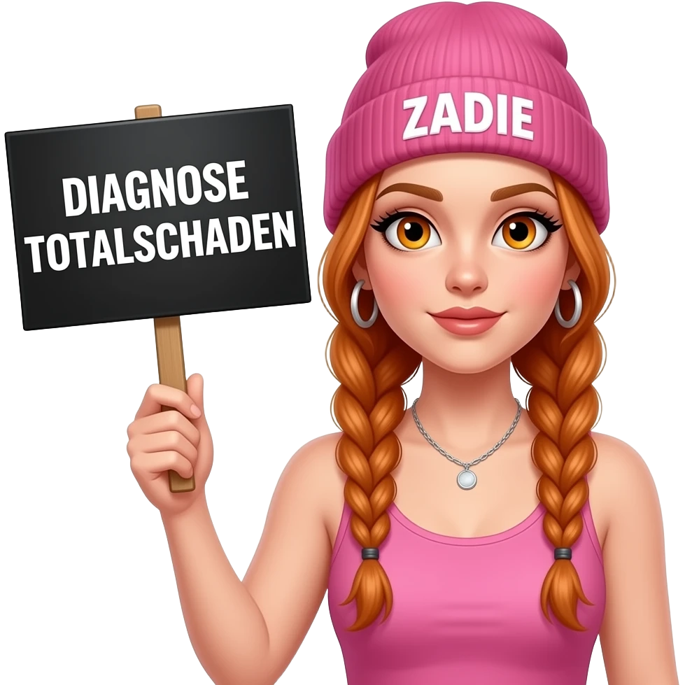 sexy girl with overlong ginger braids and ginger eyes wearing a pink tanktop and a pink beanie with ZADIE written on it, is holding a black sign with DIAGNOSE TOTALSCHADEN written on it emoji