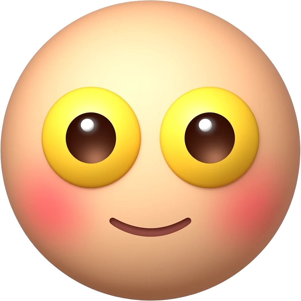 빨간 얼굴의 홍조를 하고 있는 노란 눈알   갈색 동공의 귀여운 만화 입체적 이모티콘 emoji